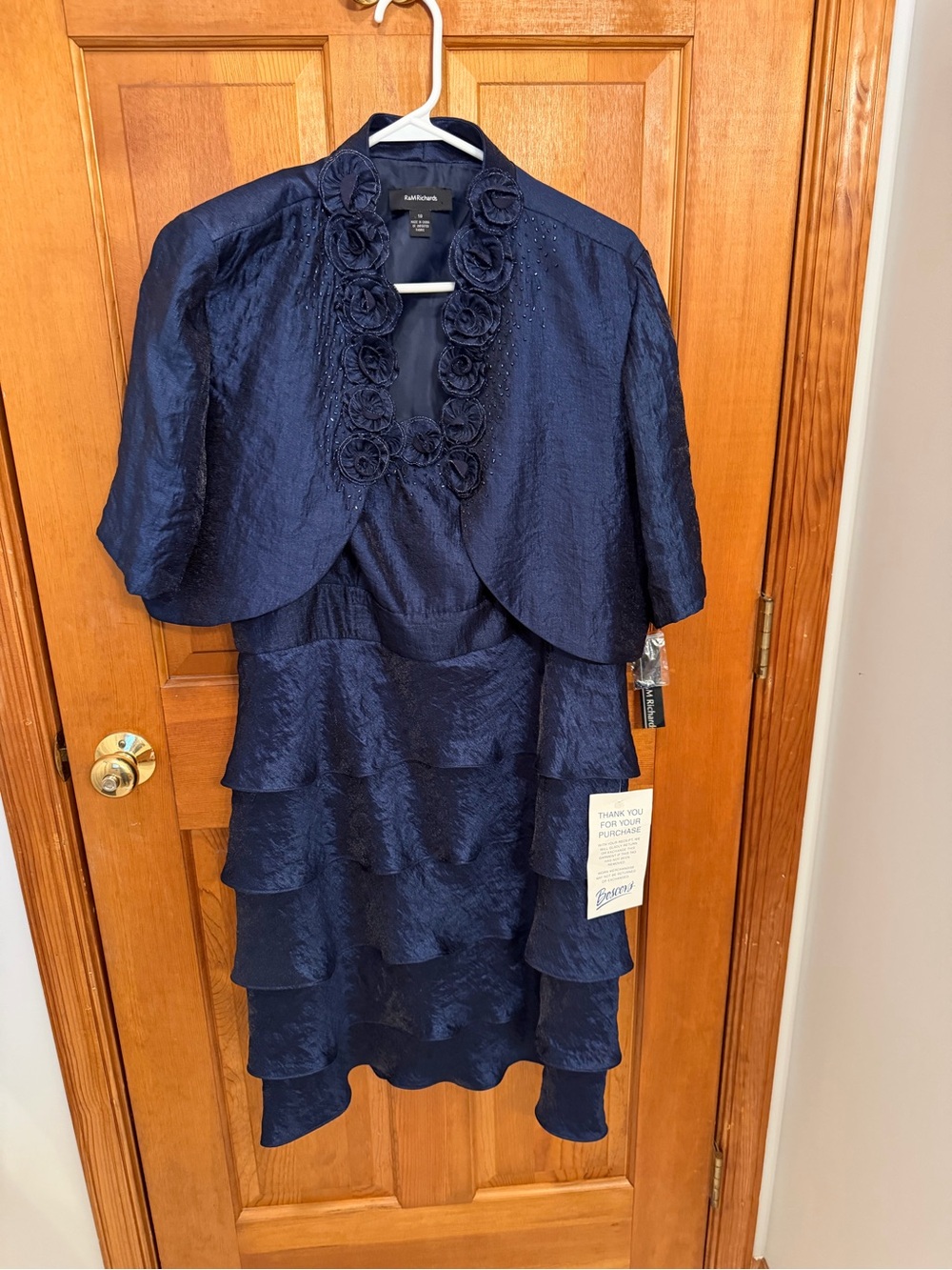 R&M Richards Navy Tiered Dress with Floral Trim Jacket